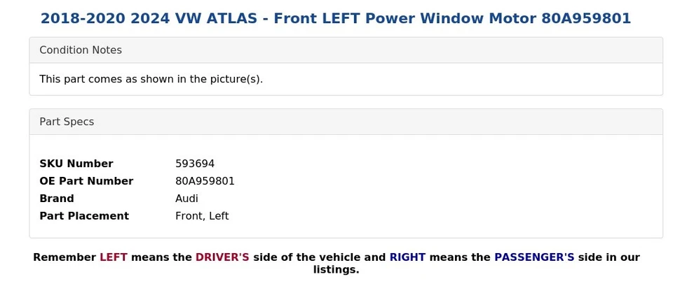 2018-2020 2024 VW ATLAS - Front LEFT Power Window Motor 80A959801 Foto 4 de 4