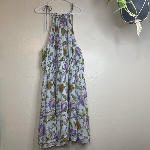 Anthropologie hellblau The Somerset Neckholder Minikleid Blumendruck Neu mit Etikett XL Boho - Bild 4 von 12