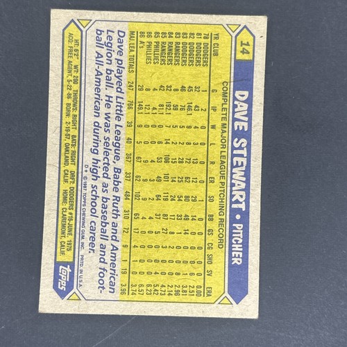 Tarjeta de béisbol Dave Stewart 1987 Topps 14 Oakland Athletics - Imagen 2 de 2