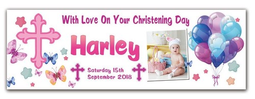 2 Personalised Christening Baptism Holy Communion Birthday Banner Photo Party - Picture 4 of 4