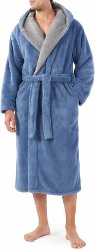 Men's Plush Fleece Bathrobe Full Length Hooded Warm Soft Robe with Pockets Belt - Picture 22 of 29