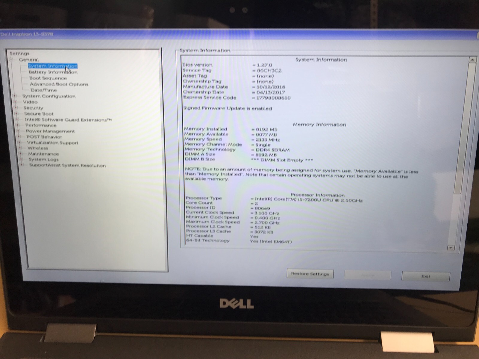 DELL INSPIRON 13-5378 | INTEL CORE I5-7200U@ 2.5GHZ | 8GB RAM| 128 SSD| Win 10 - Picture 9 of 9