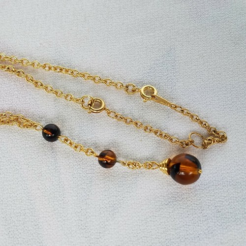 "Collar de Cadena y Vidrio Artístico Marrón Miel Vintage Estilo ""Y"" Doble Cierre 20" - Imagen 4 de 8