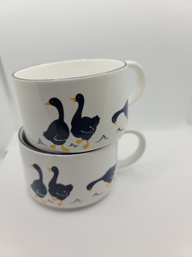 Pair 2Vtg Geese Soup Mug w/Handles Blue Yellow White Dinner Bowl Cup Ducks