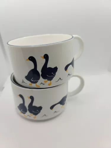 Pair 2Vtg Geese Soup Mug w/Handles Blue Yellow White Dinner Bowl Cup Ducks