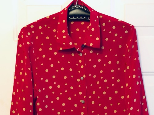 NEW Amanda Smith Pure Silk Sz M Blouse Shirt Long Sleeve Red/Yellow Polka Dot - Picture 2 of 11