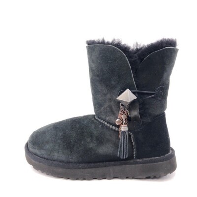 UGG Lilou Charm Winter Boots Womens Size 6 EUR 37 Black Leather Sheepskin 