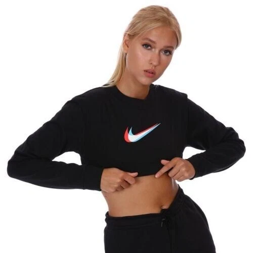 Nike Womens Long Sleeve Crop Top Dance Black Nike Logo 100% Cotton M & L