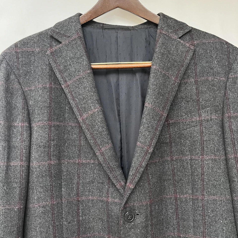 Z Zegna Mens Blazer Red Black Silk Angora Window Pane Shadow Herringbone 46R - Image 2 of 4