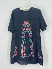 Free People Shift Dress Black 100% Cotton Floral Embroidery Short Sleeve-Size XS
