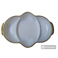 Fire King Milk Glass Divided relish tray gold tone hobnail rim 11x8 inch
