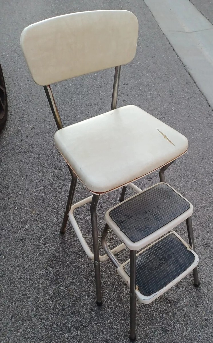 MCM Vintage White Cream Vinyl Cosco Kitchen Step Stool Chair