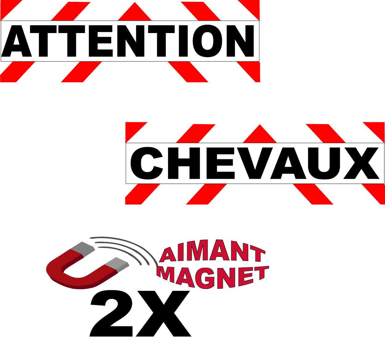 Panneau magnétique attention chevaux 10x30cm - Lot de 2 plaques aimantées noires pour van