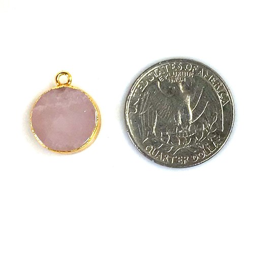 Ciondolo Quarzo Rosa Naturale Pietra Preziosa Rosa Rotondo con Anello Lunetta Oro Bordo - Foto 5 di 6