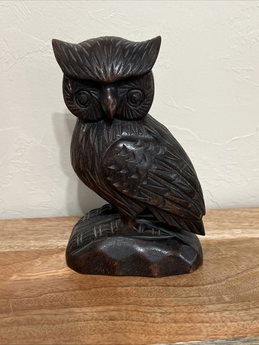 Vintage Hand Carved Dark Wooden Detailed Owl Statue Sculpture 6-5/8” In Height - Picture 2 of 8