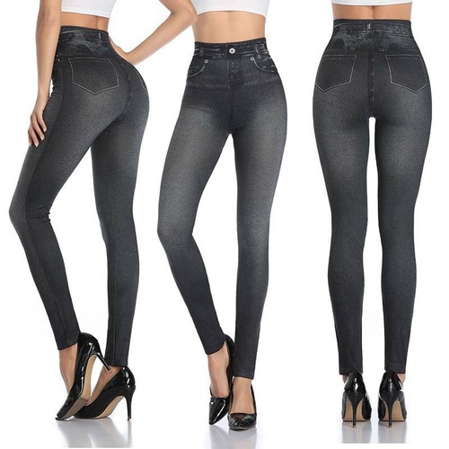 Women High Waist Tik Tok Leggings Push up Denim Look Jeans Jeggings Pant Trouser - Picture 13 of 16