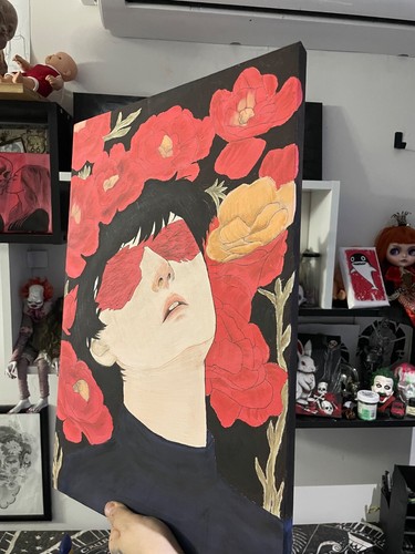 100% Handmade 14x20 Blindfolded by Roses acrylic Painting on Canvas .surreal art - Picture 9 of 9