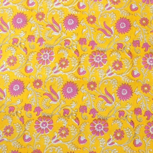 Indian Block Printed Yellow & Pink Floral 100% Cotton Women Dress Fabric Craft - Picture 3 of 3