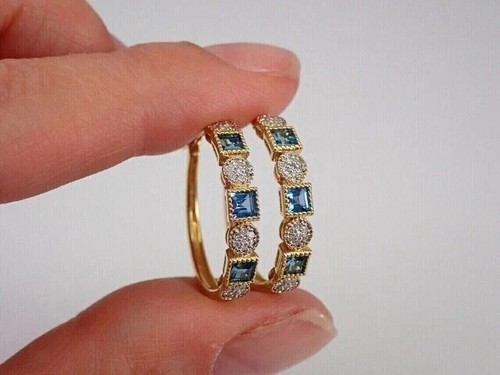 Pendientes de aro de topacio creado en laboratorio de 3,10 quilates corte princesa para mujer enchapados en oro amarillo de 14 quilates - Imagen 3 de 7