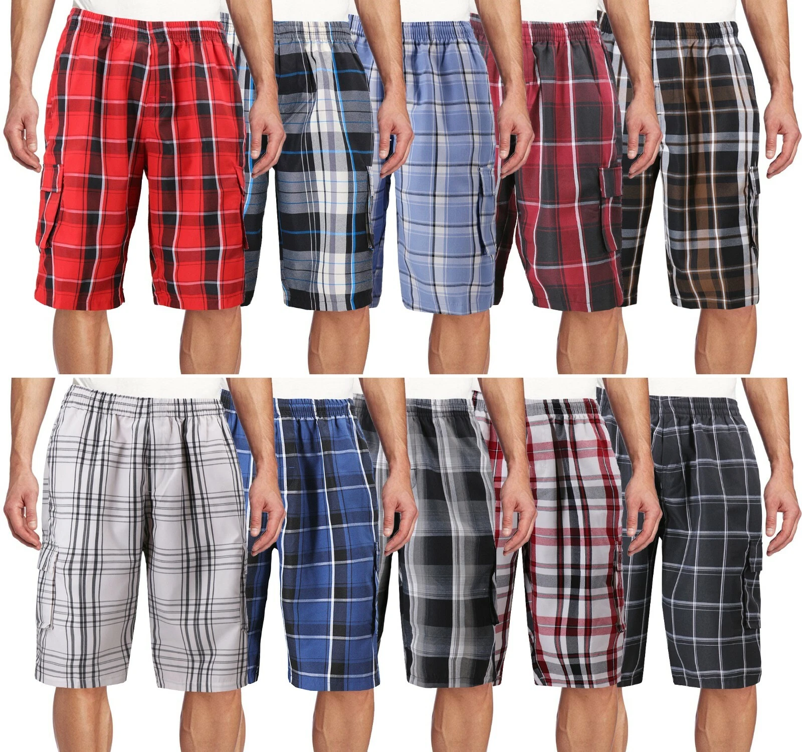 Men's Plaid Checkered Multi Pocket Elastic Waist Lightweight Casual Cargo Shorts