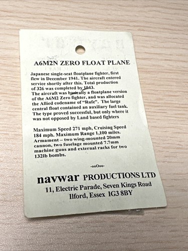 NavWar WW2 Naval Mini 1:3000 Nakajima A6M2-N RUFE Floatplane Fighter Plane - Picture 2 of 2