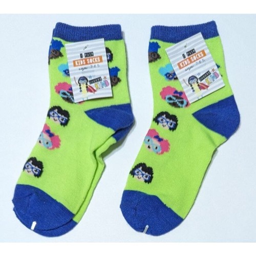 Girls Ankle Socks Silly Fun Novelty Little Faces Green Blue, 2 Pair, Size 7-8.5 - Picture 5 of 5