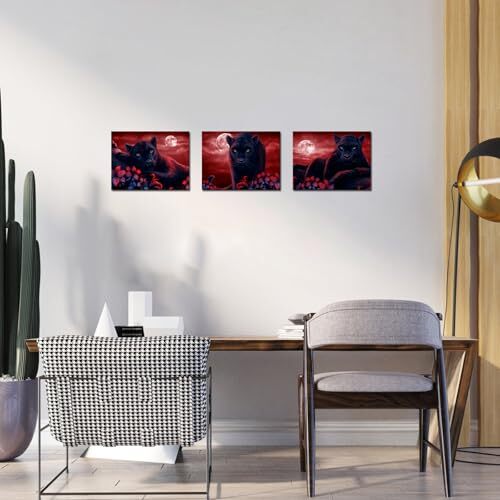 3 Pieces Panther Canvas Wall Art Black and White Animal and Full Small Red - Picture 3 of 6