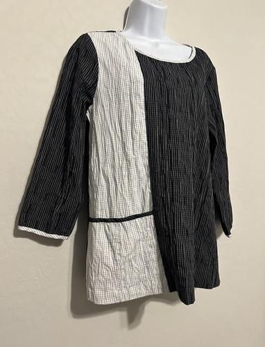 Yushi Women Black White Plaid Crinkled 3/4 sleeve Lagenlook Tunic Top M - Picture 2 of 6