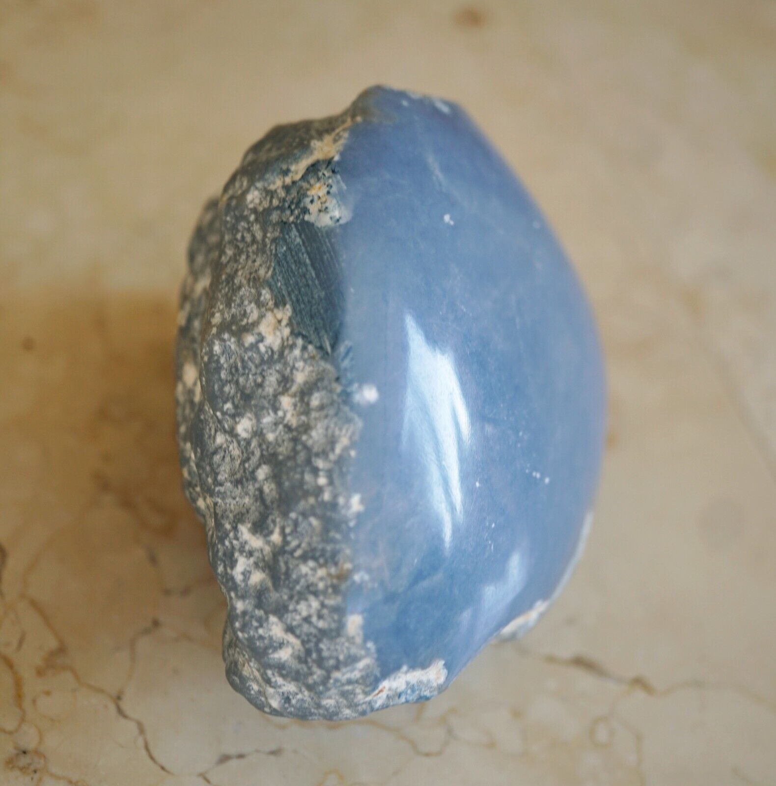 Angelite polished companion healing palm stone with Natural rough half 450 grams