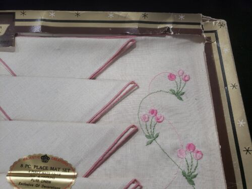 Vintage neu im Karton majestätisch rosa creme Blumen feine bestickte Tischwäsche USA - Bild 7 von 10