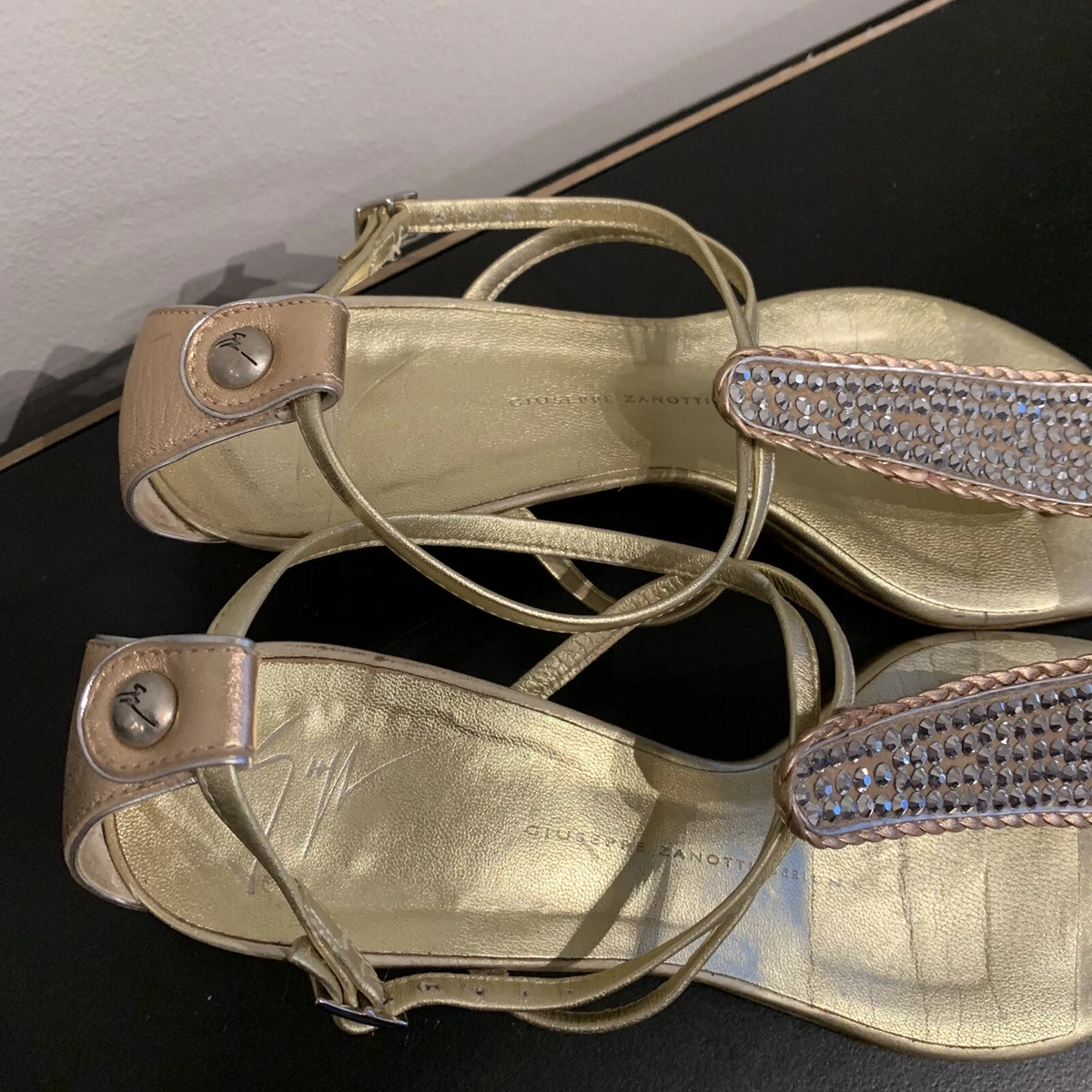 GIUSEPPE ZANOTTI Gold Leather Crystal Jeweled Low Wedge Ring Sandal 37.5 / 7.5