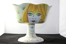 Flower Girls by Gretchen Kelly Hand Painted Raised Bowl Centrum Green Red Yellow