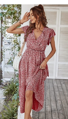 Women's Floral Summer Dress Wrap V Neck Short Sleeve Belted Ruffle Hem A-Line S - Picture 7 of 8