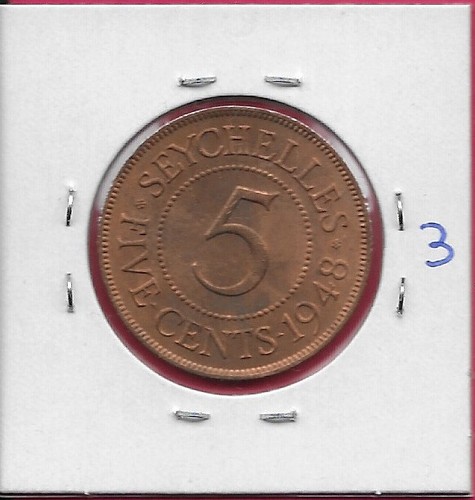 SEYCHELLES 5 CENTS 1948 AU-UNC KING GEORGE VI FACING LEFT,VALUE WITHIN BEADED CI - Imagen 2 de 2