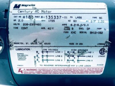 MagneTek Century AC Motor B-135337-01: 2 HP, 1725 RPM, 208-230