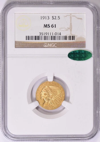 1913 INDIAN HEAD $2.5 QUARTER EAGLE GOLD NGC MS61 CAC