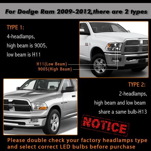 6000K Combo LED Headlight Fog Light Bulbs For Dodge Ram 1500 2500 3500 2009-2012 - Picture 2 of 12