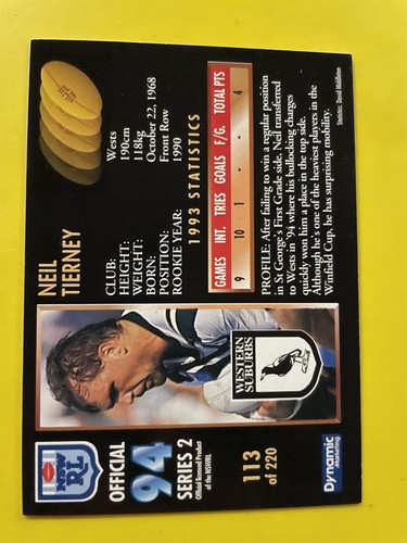 NRL 1994 S2 Dynamic Trading Card #113 Neil Tierney Western Suburbs Magpies - Picture 2 of 2