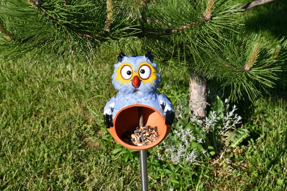 Cerámica Decoración Jardín, Búho Césped Estaca - Alimentador Pájaros Exterior Estatua H 19cm Foto 4 de 4