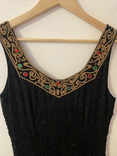 Vintage Lauren Alexandra 100% Silk Black Beaded Sequin Midi Dress Size Medium - Picture 12 of 15