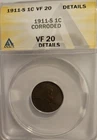 1911 S Wheat Cent Semi-Key Date Anacs Certified VF 20 Detaips Slight Corrosion