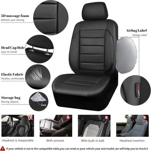 CAR PASS Leather Seat Covers Full Set Universal Water Resistant 3D All Black - Picture 3 of 9