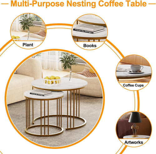 Coffee Table Faux Marble Nesting Table for Small Place 2 Sets Modern Furniture L - Picture 7 of 7