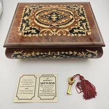 Sorrento Italy - Jewlery Music Box - Real Inlaid Wood - Key & Certificate - VTG