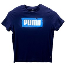 Puma Sportswear Graphic Print Spellout Logo Shirt Short Sleeve Size XL Navy Blue