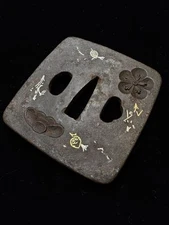 Tsuba Iron Plate Plum Pine Motif Edo Era Antique Japanese Sword Fittings