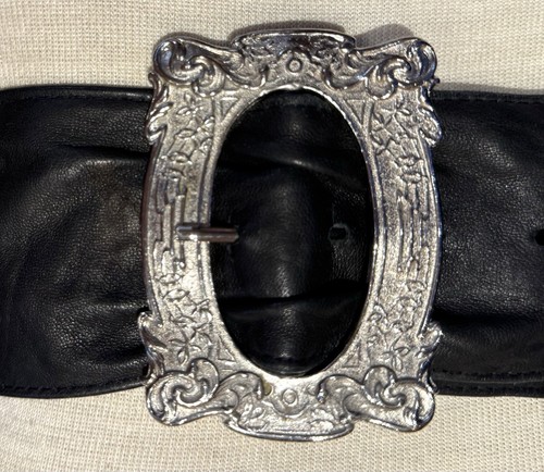 B-Low The Belt Wide Belt Soft Black Embossed Leather Silver Western Buckle Sz XS - Picture 10 of 10