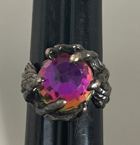 Vintage sterling silver dragon claw Multicolored crystal Unisex ring size 7.25 - Picture 7 of 16