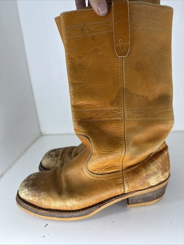 Vintage Chunky Cognac Saddle Leather Pull On Western Campus Boots Size 9 - Bild 4 von 6