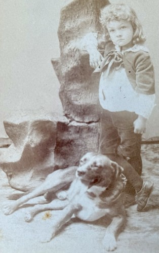 Tarjeta de gabinete antigua niño de pelo largo con su perro grande Id’d Eddie Ehrhart - Imagen 2 de 3